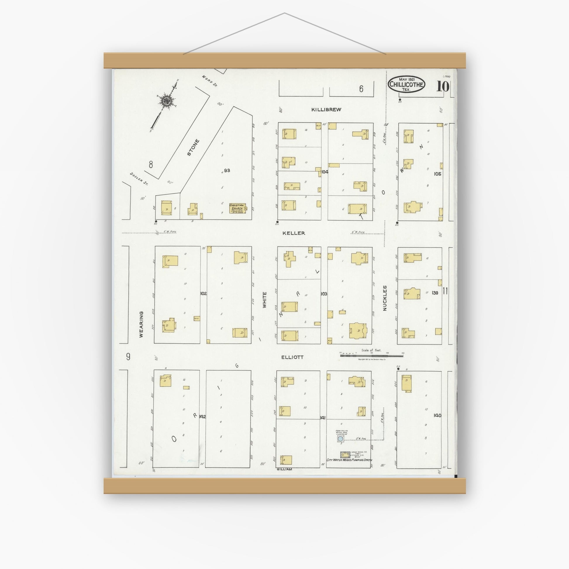 Old map wall art mockup — magnetic wood frame on white wall — Sanborn Fire Insurance Map from Chillicothe, Hardeman County, Texas (1921), Sheet #0010