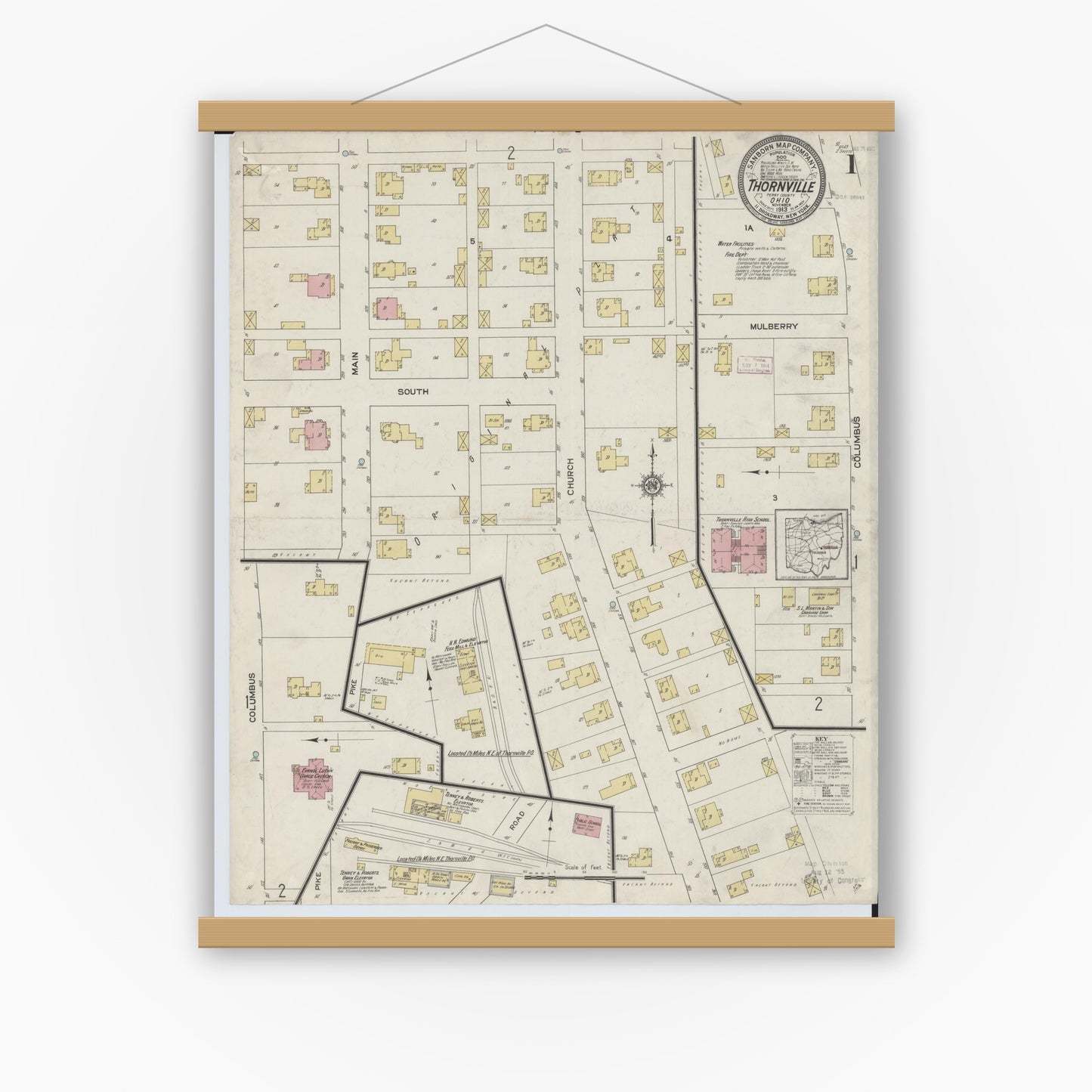 Old map wall art mockup — magnetic wood frame on white wall — Sanborn Fire Insurance Map from Thornville, Perry County, Ohio (1913), Sheet #0001