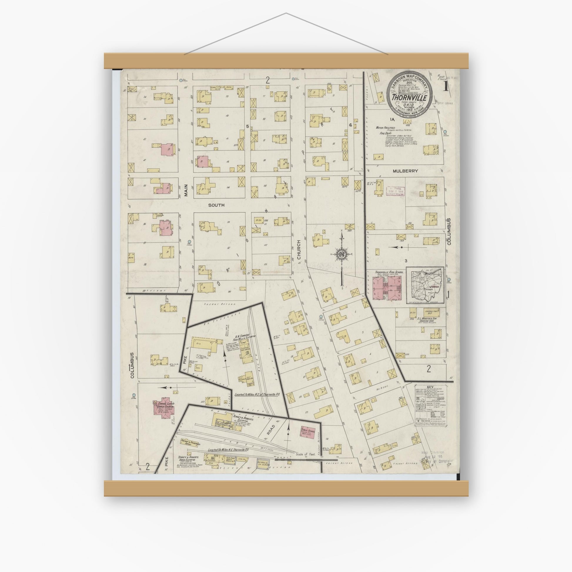 Old map wall art mockup — magnetic wood frame on white wall — Sanborn Fire Insurance Map from Thornville, Perry County, Ohio (1913), Sheet #0001