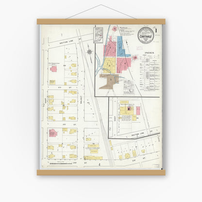 Old map wall art mockup — magnetic wood frame on white wall — Sanborn Fire Insurance Map from Carthage, Rush County, Indiana (1916) - Complete Map Set