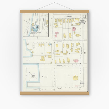 Old map wall art mockup — magnetic wood frame on white wall — Sanborn Fire Insurance Map from Ogdensburg, St. Lawrence County, New York (1898), Sheet #0012