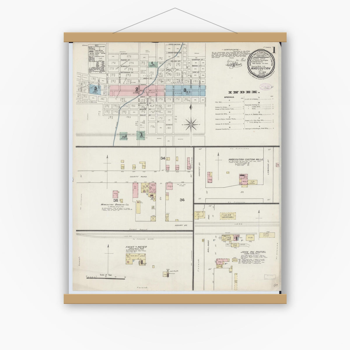 Old map wall art mockup — magnetic wood frame on white wall — Sanborn Fire Insurance Map from Mascoutah, Saint Clair County, Illinois (1888), Sheet #0001