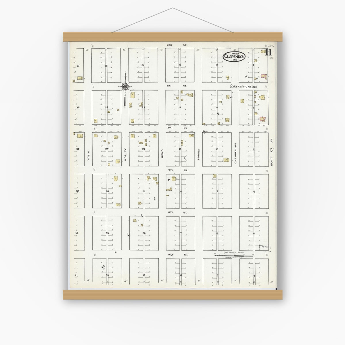 Old map wall art mockup — magnetic wood frame on white wall — Sanborn Fire Insurance Map from Clarendon, Donley County, Texas (1921), Sheet #0011