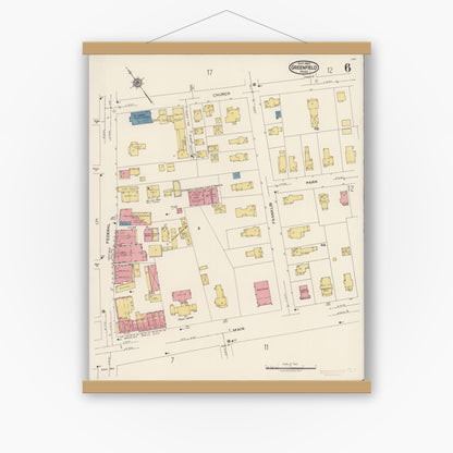 Old map wall art mockup — magnetic wood frame on white wall — Sanborn Fire Insurance Map from Greenfield, Franklin County, Massachusetts (1922), Sheet #0006