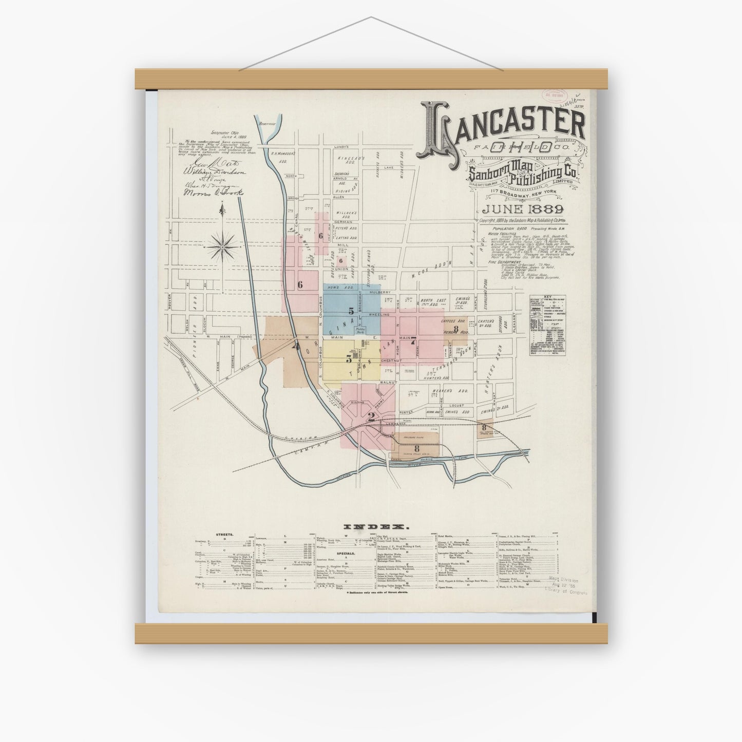 Old map wall art mockup — magnetic wood frame on white wall — Sanborn Fire Insurance Map from Lancaster, Fairfield County, Ohio (1889) - Complete Map Set