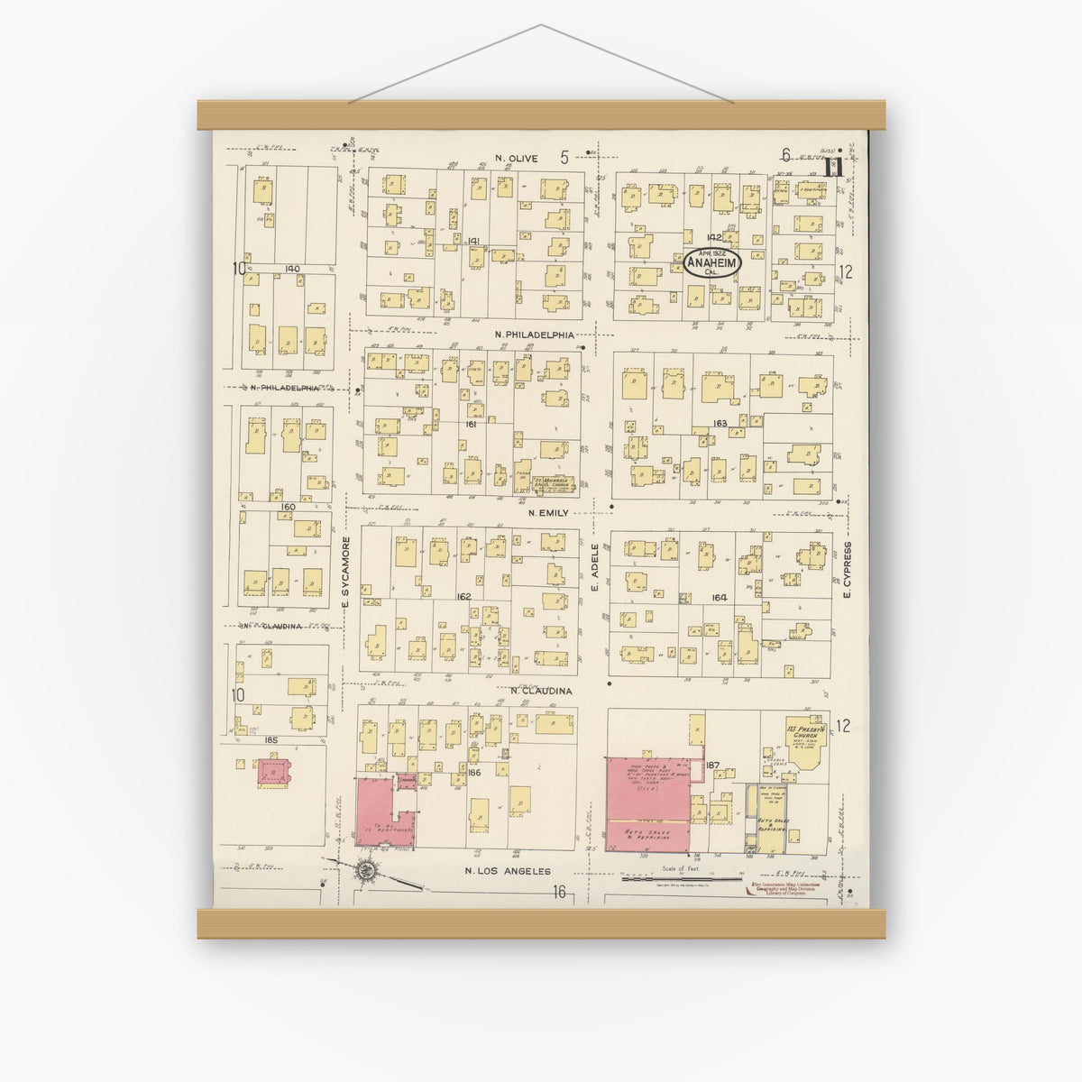 Old map wall art mockup — magnetic wood frame on white wall — Sanborn Fire Insurance Map from Anaheim, Orange County, California (1922), Sheet #0011
