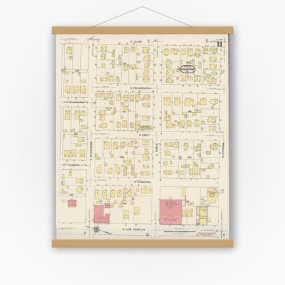 Old map wall art mockup — magnetic wood frame on white wall — Sanborn Fire Insurance Map from Anaheim, Orange County, California (1922), Sheet #0011
