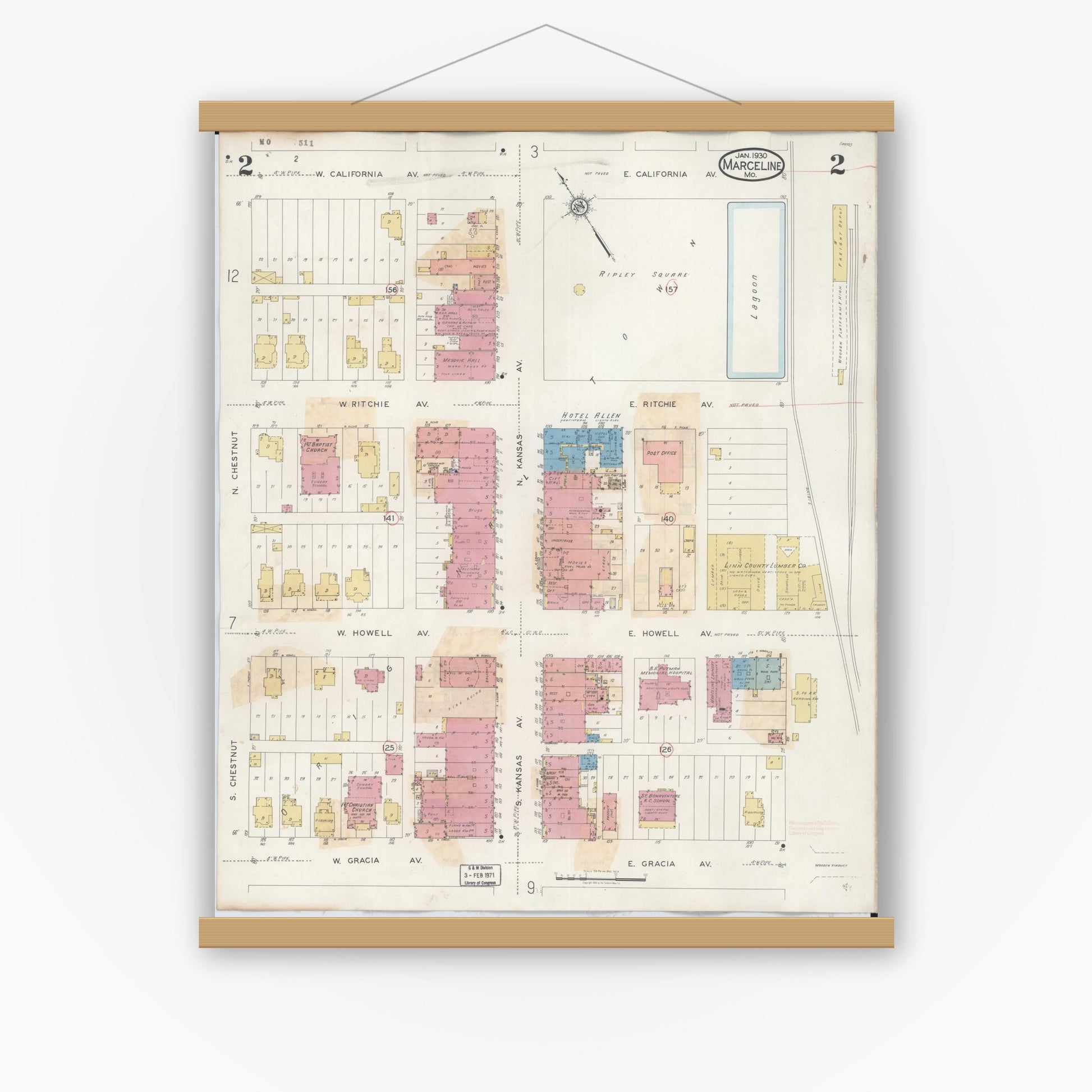 Old map wall art mockup — magnetic wood frame on white wall — Sanborn Fire Insurance Map from Marceline, Linn County, Missouri (1939), Sheet #0002