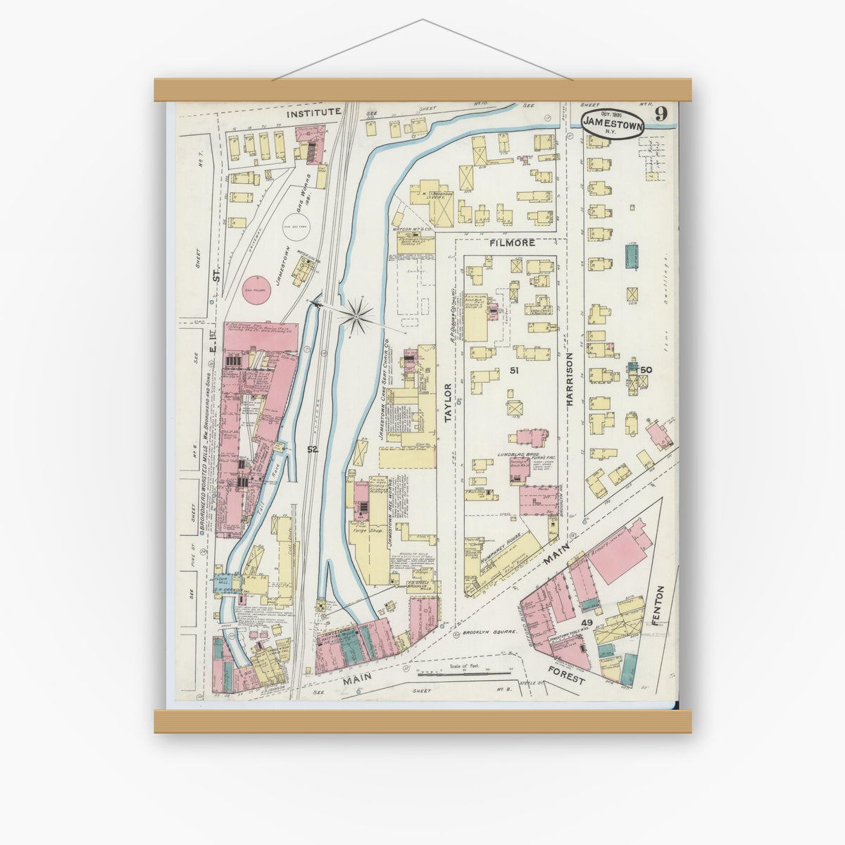 Old map wall art mockup — magnetic wood frame on white wall — Sanborn Fire Insurance Map from Jamestown, Chautauqua County, New York (1891), Sheet #0009