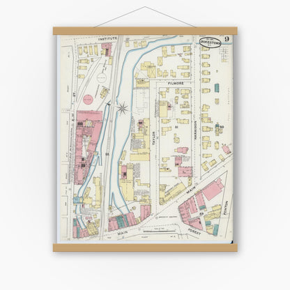 Old map wall art mockup — magnetic wood frame on white wall — Sanborn Fire Insurance Map from Jamestown, Chautauqua County, New York (1891), Sheet #0009