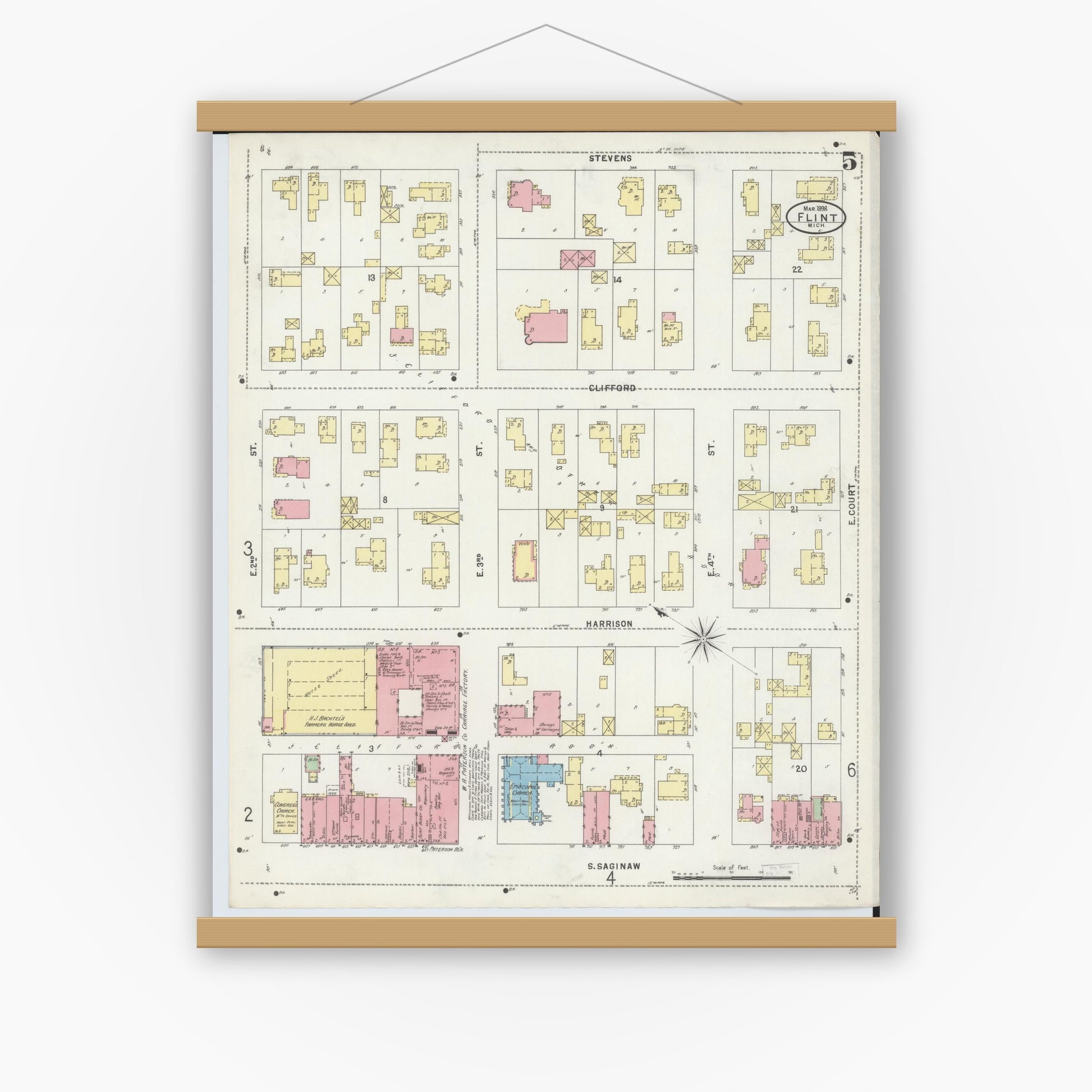 Old map wall art mockup — magnetic wood frame on white wall — Sanborn Fire Insurance Map from Flint, Genesee County, Michigan (1898), Sheet #0005