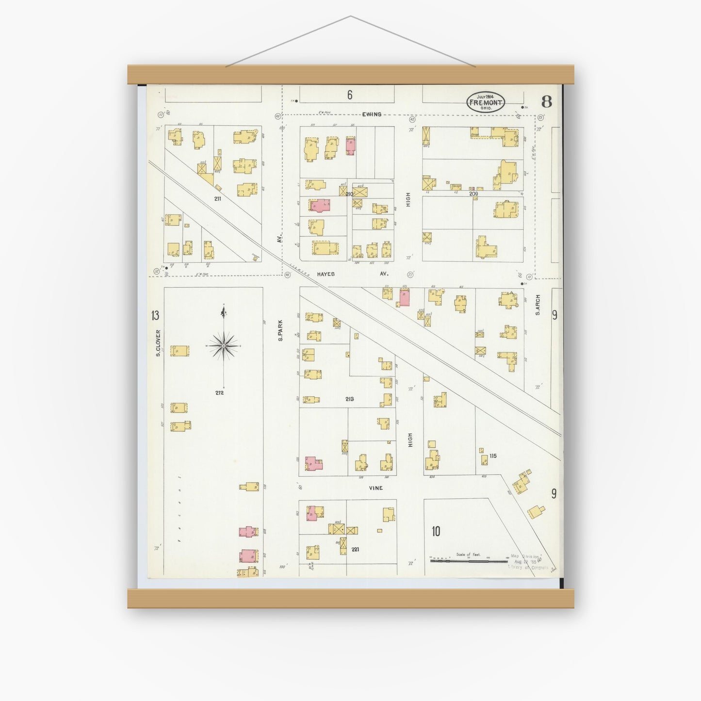 Old map wall art mockup — magnetic wood frame on white wall — Sanborn Fire Insurance Map from Fremont, Sandusky County, Ohio (1904), Sheet #0008