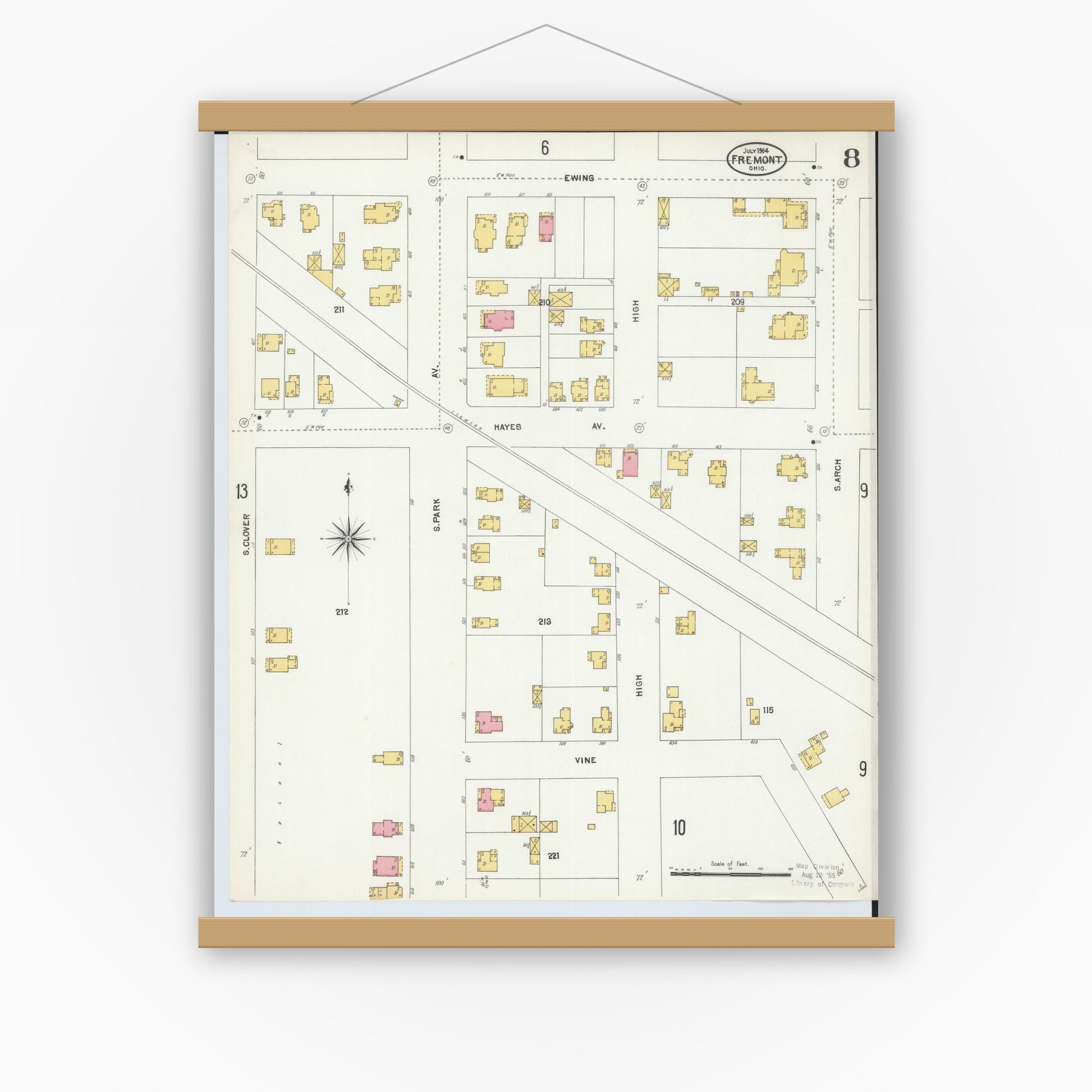 Old map wall art mockup — magnetic wood frame on white wall — Sanborn Fire Insurance Map from Fremont, Sandusky County, Ohio (1904), Sheet #0008