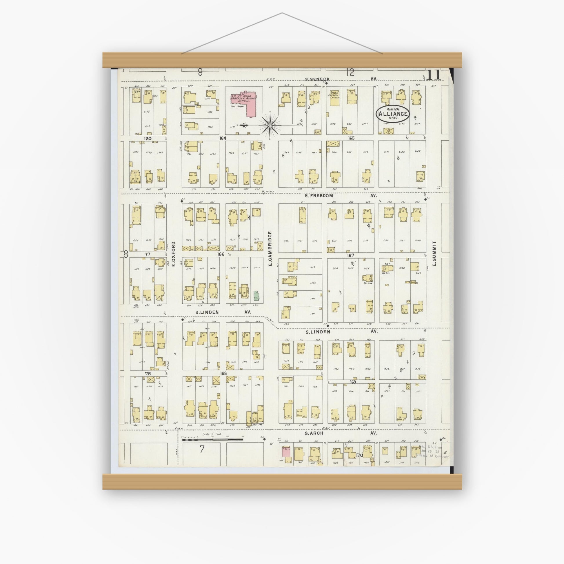 Old map wall art mockup — magnetic wood frame on white wall — Sanborn Fire Insurance Map from Alliance, Stark County, Ohio (1898), Sheet #0011