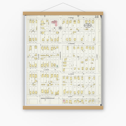 Old map wall art mockup — magnetic wood frame on white wall — Sanborn Fire Insurance Map from Alliance, Stark County, Ohio (1898), Sheet #0011