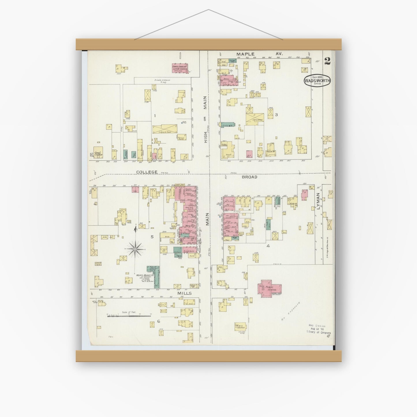 Old map wall art mockup — magnetic wood frame on white wall — Sanborn Fire Insurance Map from Wadsworth, Medina County, Ohio (1893), Sheet #0002