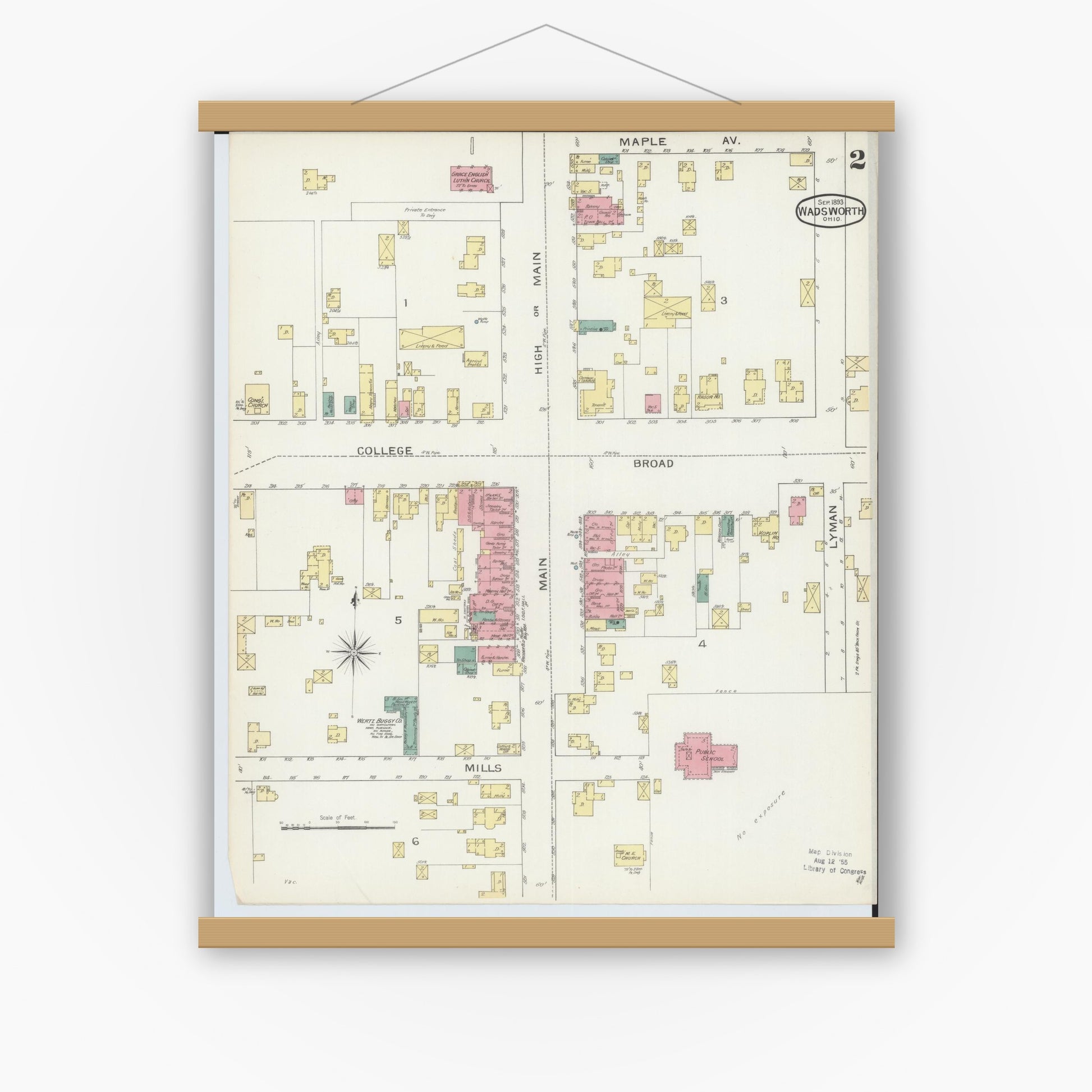 Old map wall art mockup — magnetic wood frame on white wall — Sanborn Fire Insurance Map from Wadsworth, Medina County, Ohio (1893), Sheet #0002