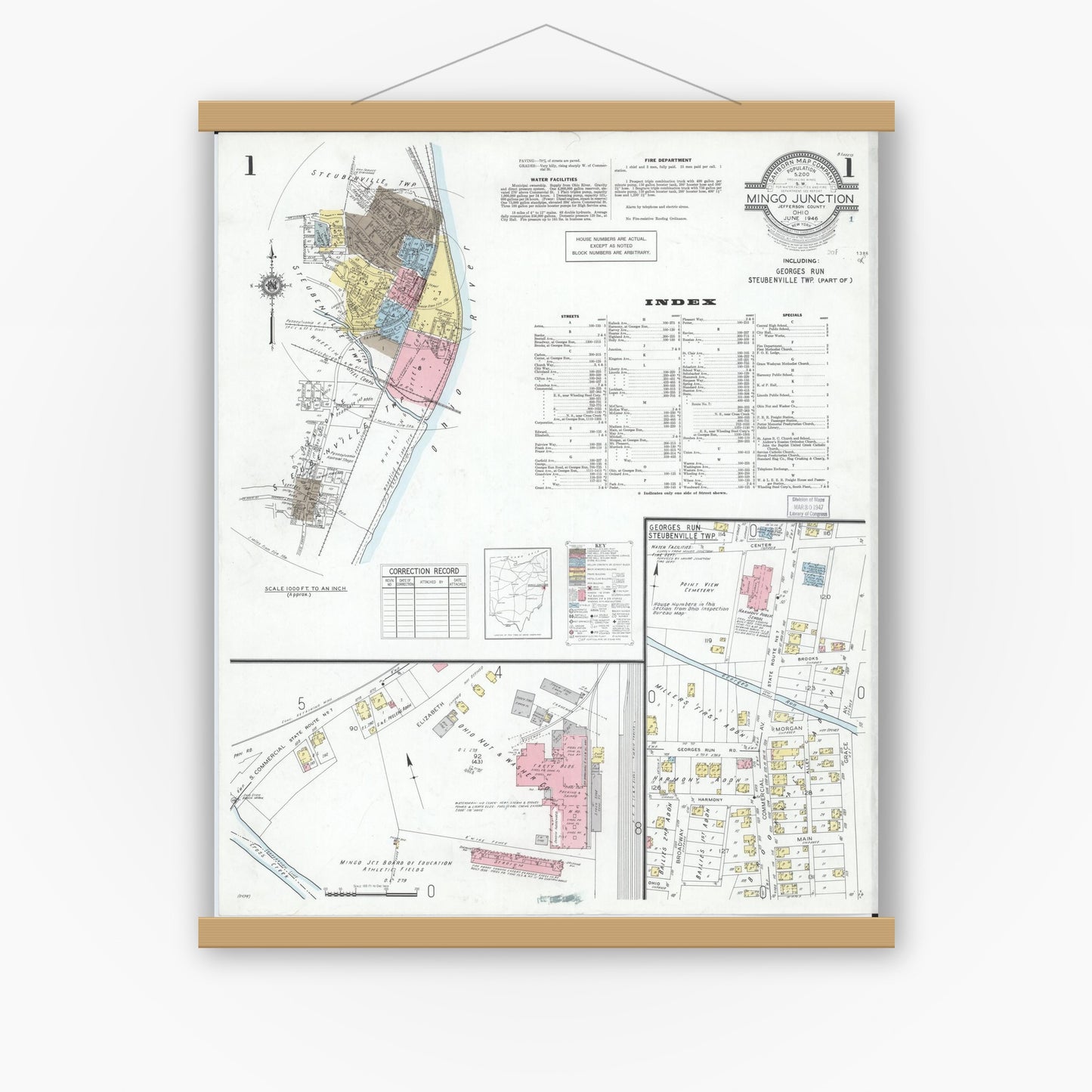 Old map wall art mockup — magnetic wood frame on white wall — Sanborn Fire Insurance Map from Mingo Junction, Jefferson County, Ohio (1946), Sheet #0001