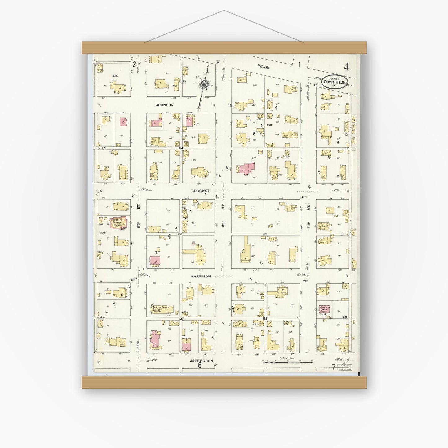 Old map wall art mockup — magnetic wood frame on white wall — Sanborn Fire Insurance Map from Covington, Fountain County, Indiana (1910), Sheet #0004