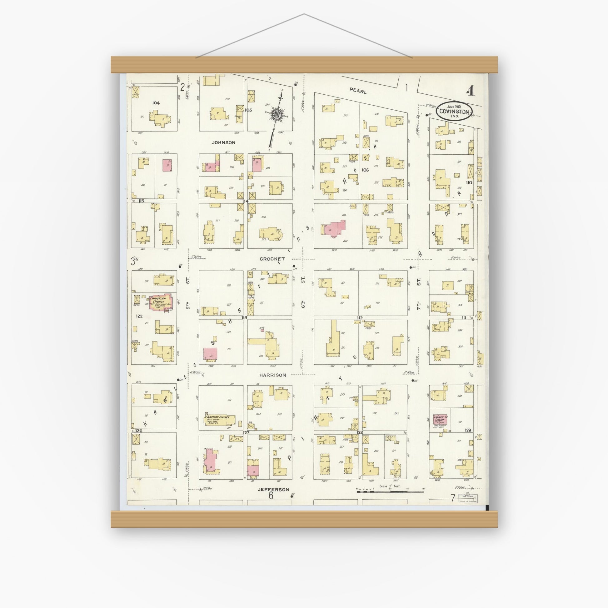 Old map wall art mockup — magnetic wood frame on white wall — Sanborn Fire Insurance Map from Covington, Fountain County, Indiana (1910), Sheet #0004