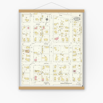 Old map wall art mockup — magnetic wood frame on white wall — Sanborn Fire Insurance Map from Covington, Fountain County, Indiana (1910), Sheet #0004