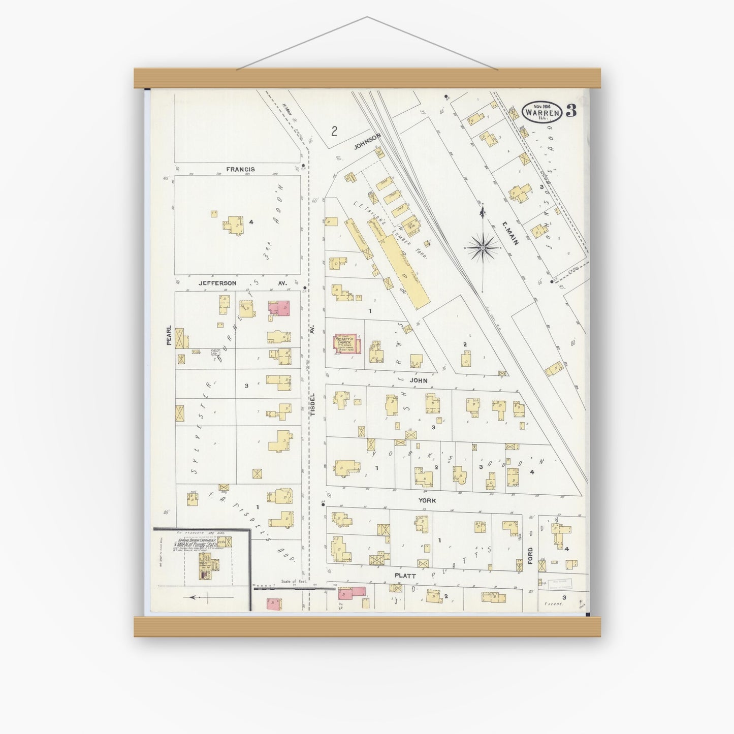 Old map wall art mockup — magnetic wood frame on white wall — Sanborn Fire Insurance Map from Warren, Jo Daviess County, Illinois (1904), Sheet #0003