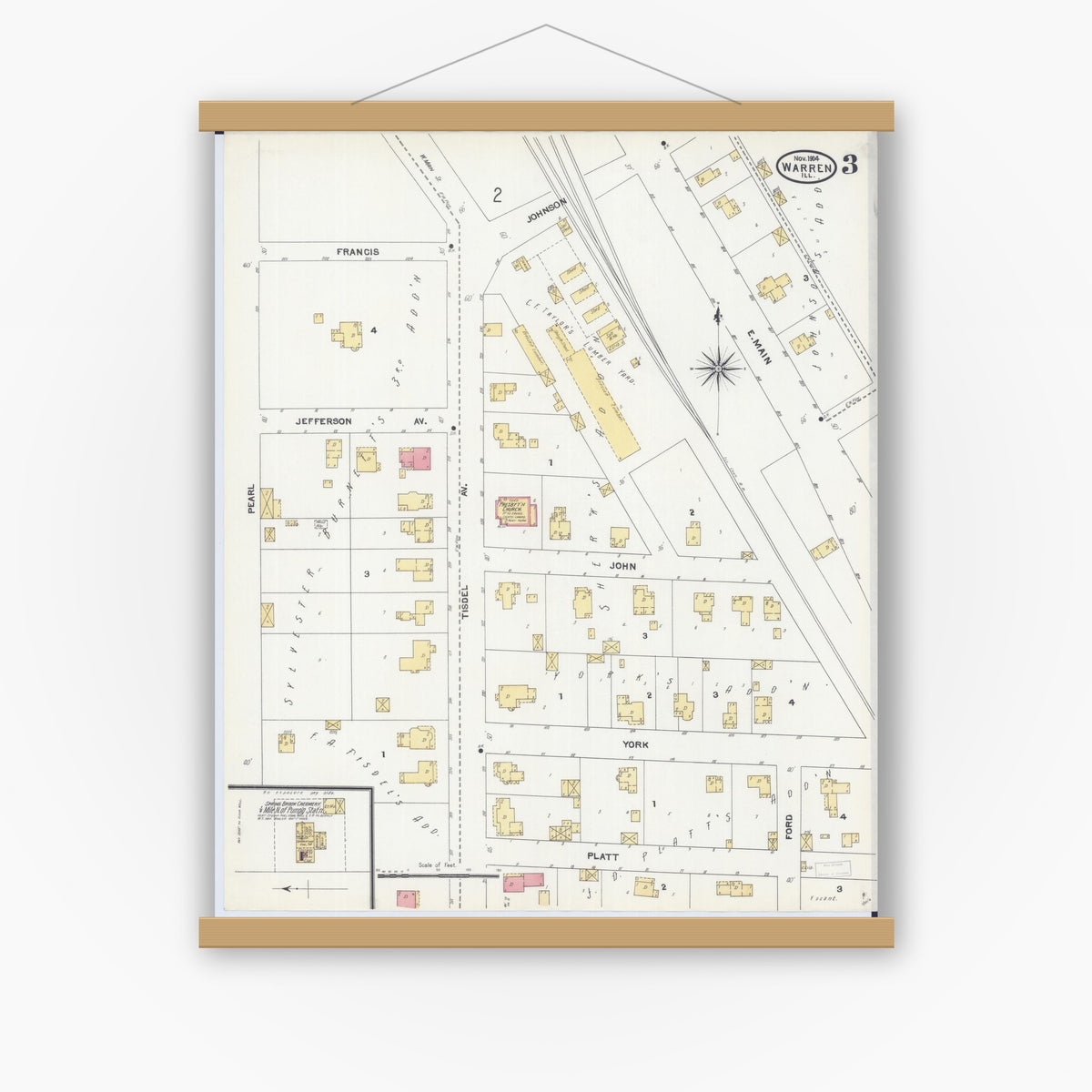 Old map wall art mockup — magnetic wood frame on white wall — Sanborn Fire Insurance Map from Warren, Jo Daviess County, Illinois (1904), Sheet #0003