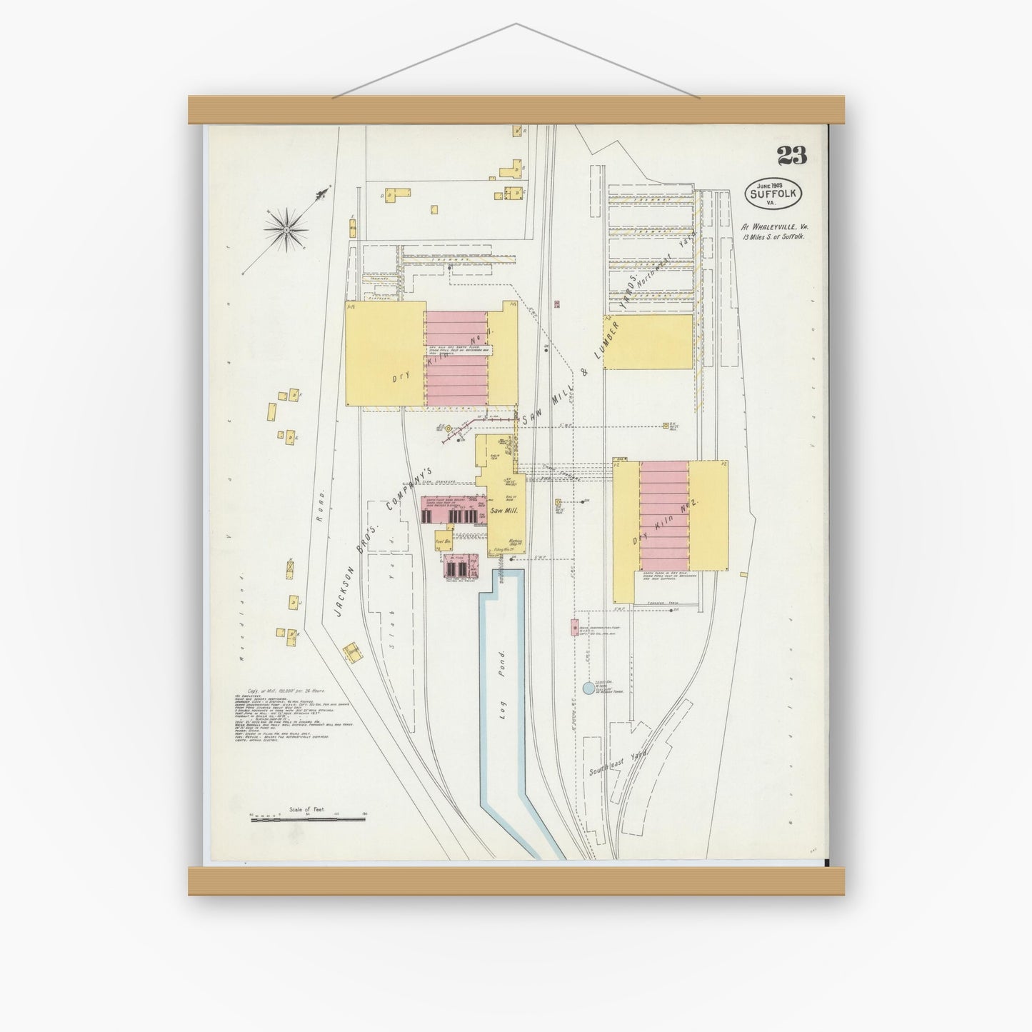 Old map wall art mockup — magnetic wood frame on white wall — Sanborn Fire Insurance Map from Suffolk, Independent Cities, Virginia (1903), Sheet #0023