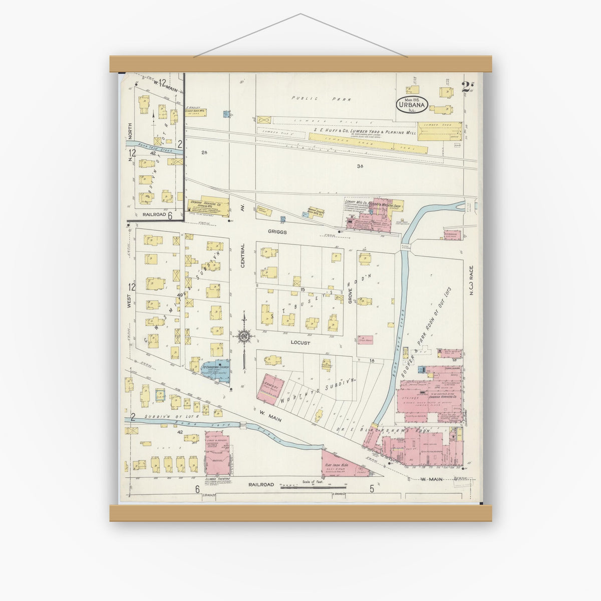 Old map wall art mockup — magnetic wood frame on white wall — Sanborn Fire Insurance Map from Urbana, Champaign County, Illinois (1915), Sheet #0002