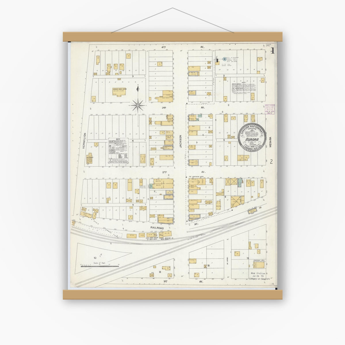 Old map wall art mockup — magnetic wood frame on white wall — Sanborn Fire Insurance Map from Aurora, Saint Louis County, Minnesota (1906), Sheet #0001