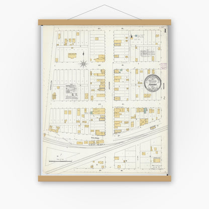 Old map wall art mockup — magnetic wood frame on white wall — Sanborn Fire Insurance Map from Aurora, Saint Louis County, Minnesota (1906), Sheet #0001