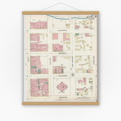 Old map wall art mockup — magnetic wood frame on white wall — Sanborn Fire Insurance Map from Houston, Harris County, Texas (1885), Sheet #0009