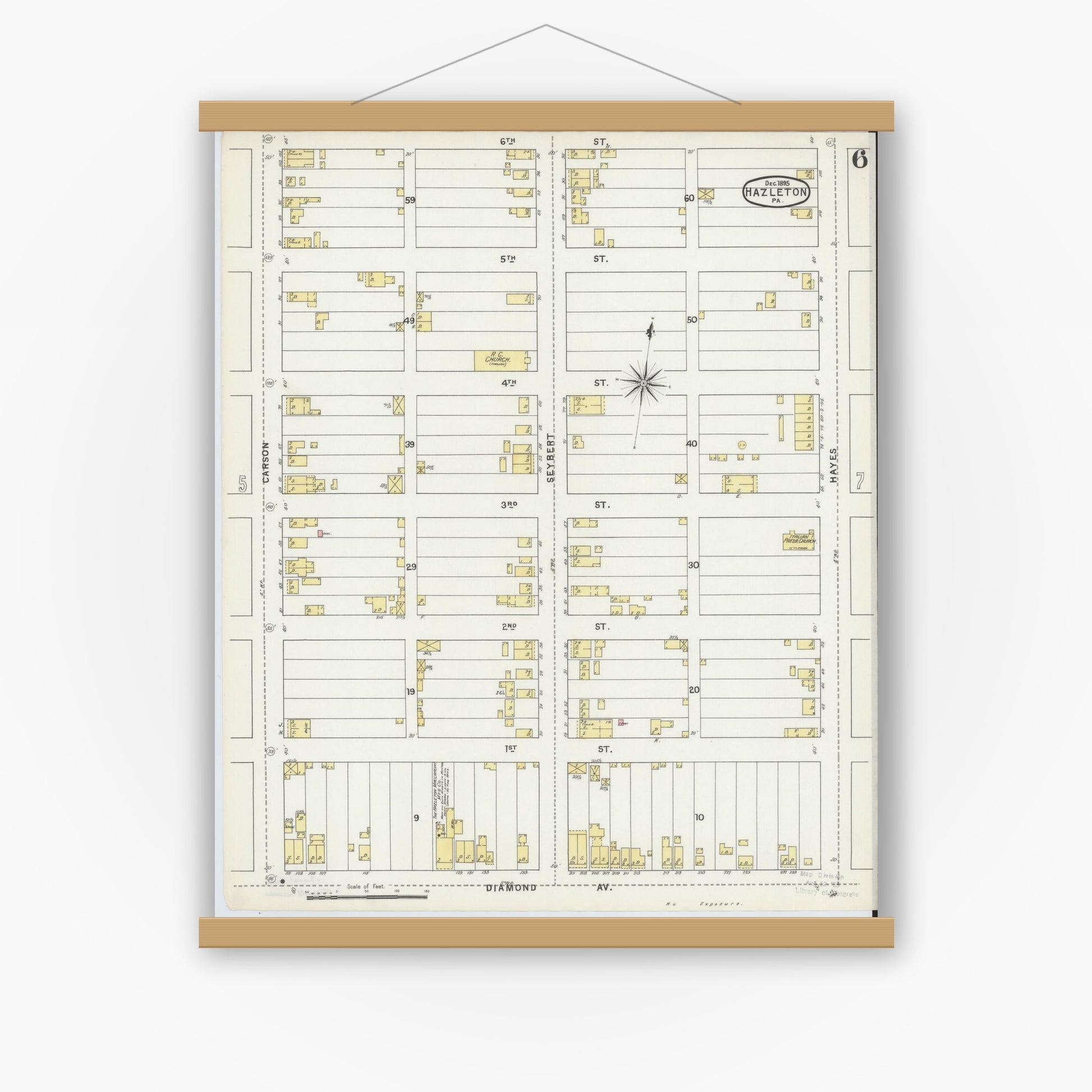 Old map wall art mockup — magnetic wood frame on white wall — Sanborn Fire Insurance Map from Hazleton, Luzerne County, Pennsylvania (1895), Sheet #0006