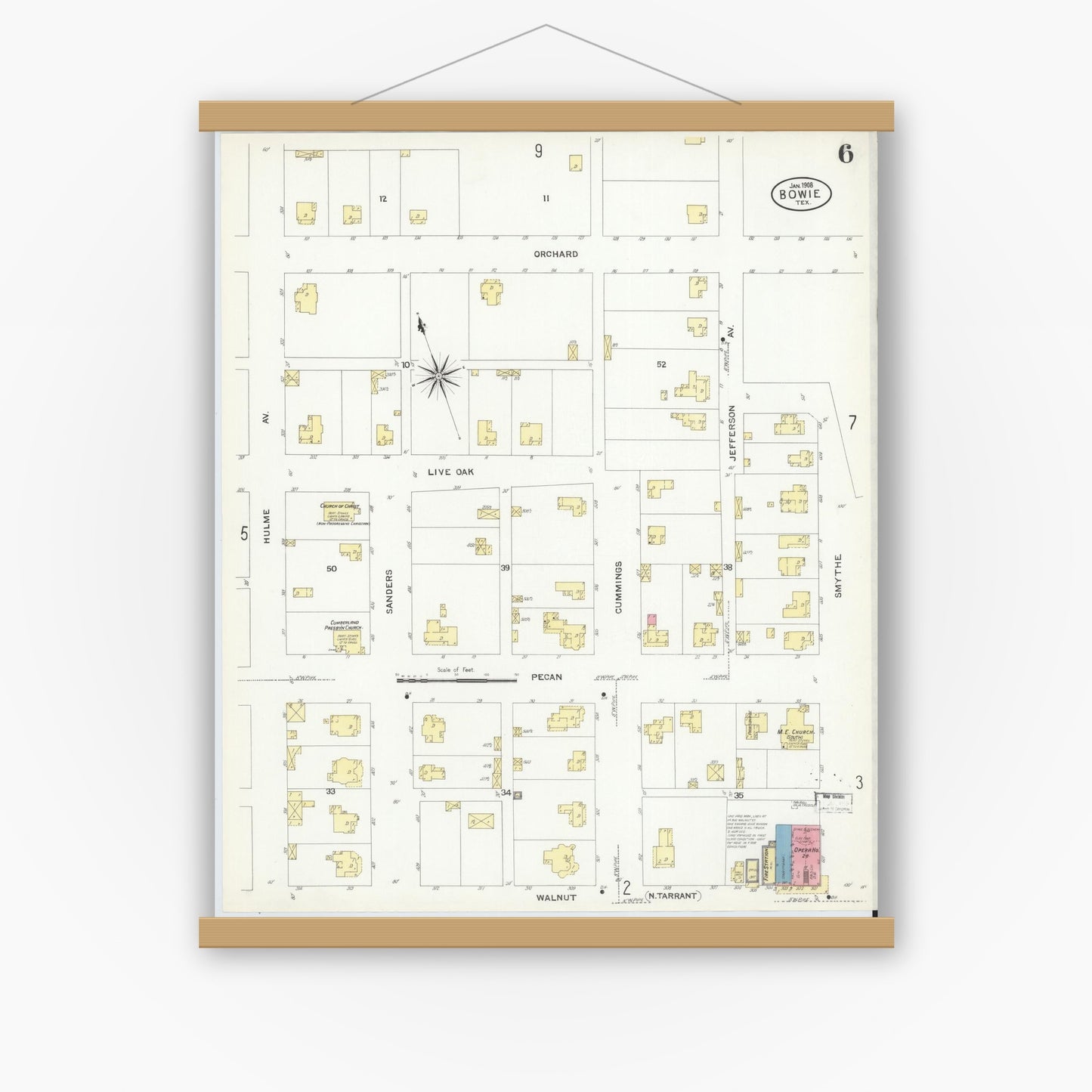 Old map wall art mockup — magnetic wood frame on white wall — Sanborn Fire Insurance Map from Bowie, Montague County, Texas (1908), Sheet #0006