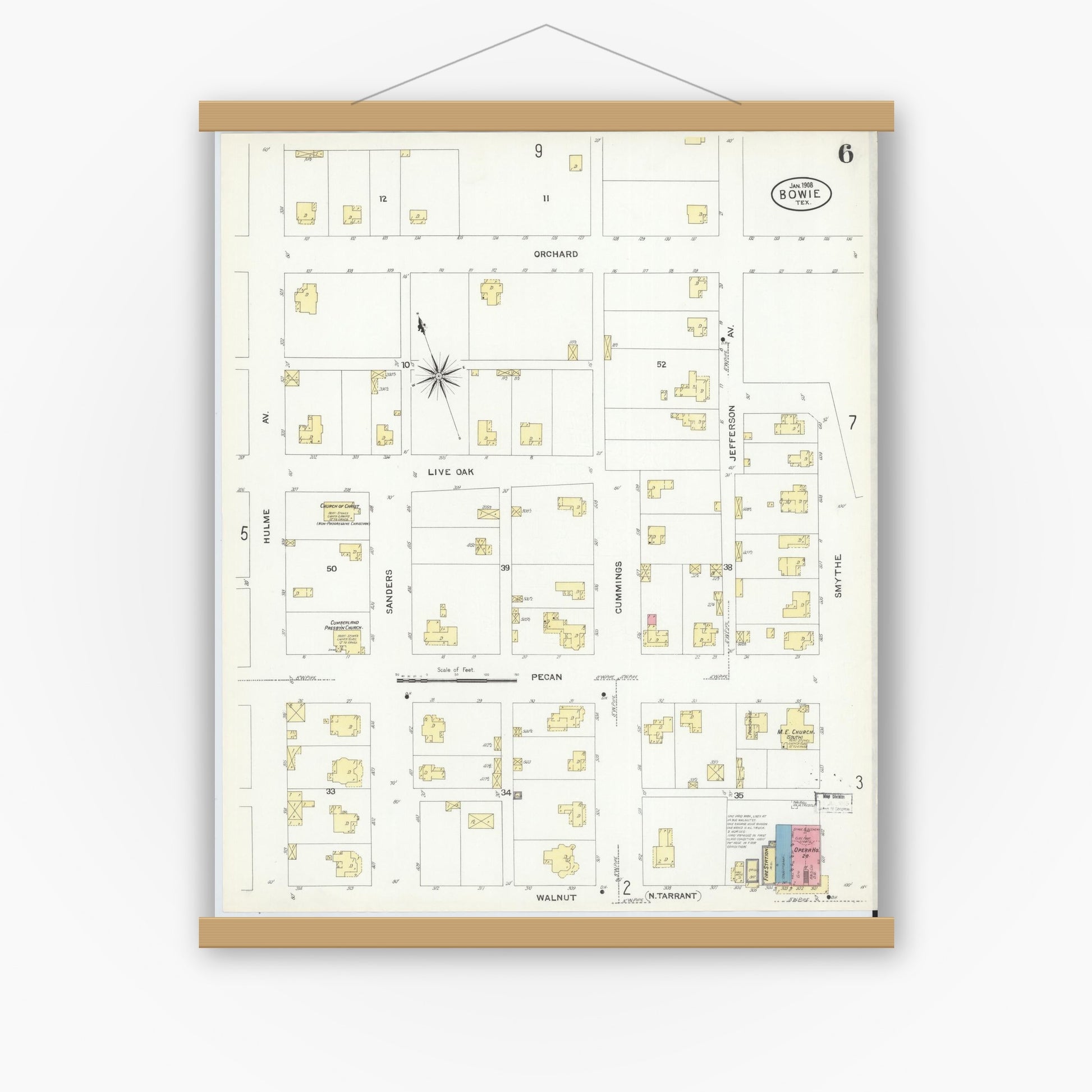 Old map wall art mockup — magnetic wood frame on white wall — Sanborn Fire Insurance Map from Bowie, Montague County, Texas (1908), Sheet #0006