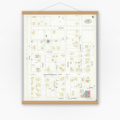 Old map wall art mockup — magnetic wood frame on white wall — Sanborn Fire Insurance Map from Bowie, Montague County, Texas (1908), Sheet #0006