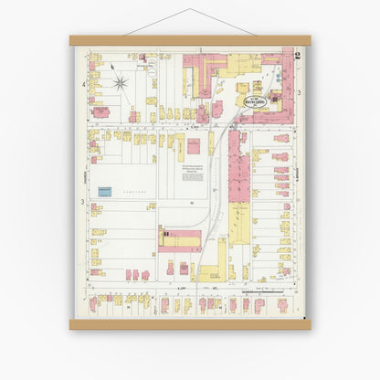 Old map wall art mockup — magnetic wood frame on white wall — Sanborn Fire Insurance Map from Waynesboro, Franklin County, Pennsylvania (1902), Sheet #0002