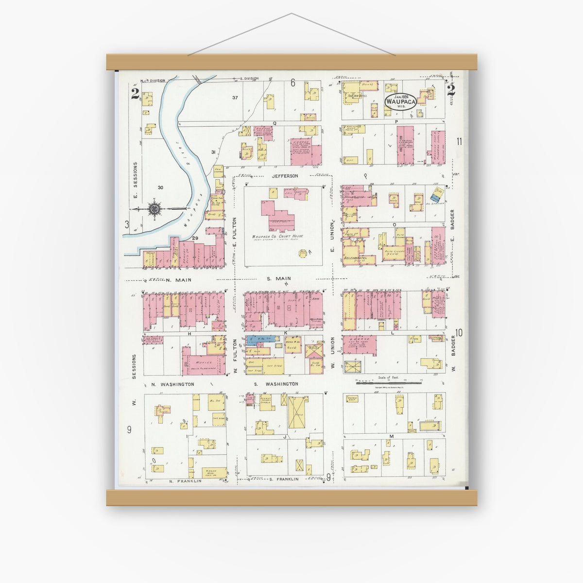 Old map wall art mockup — magnetic wood frame on white wall — Sanborn Fire Insurance Map from Waupaca, Waupaca County, Wisconsin (1924), Sheet #0002