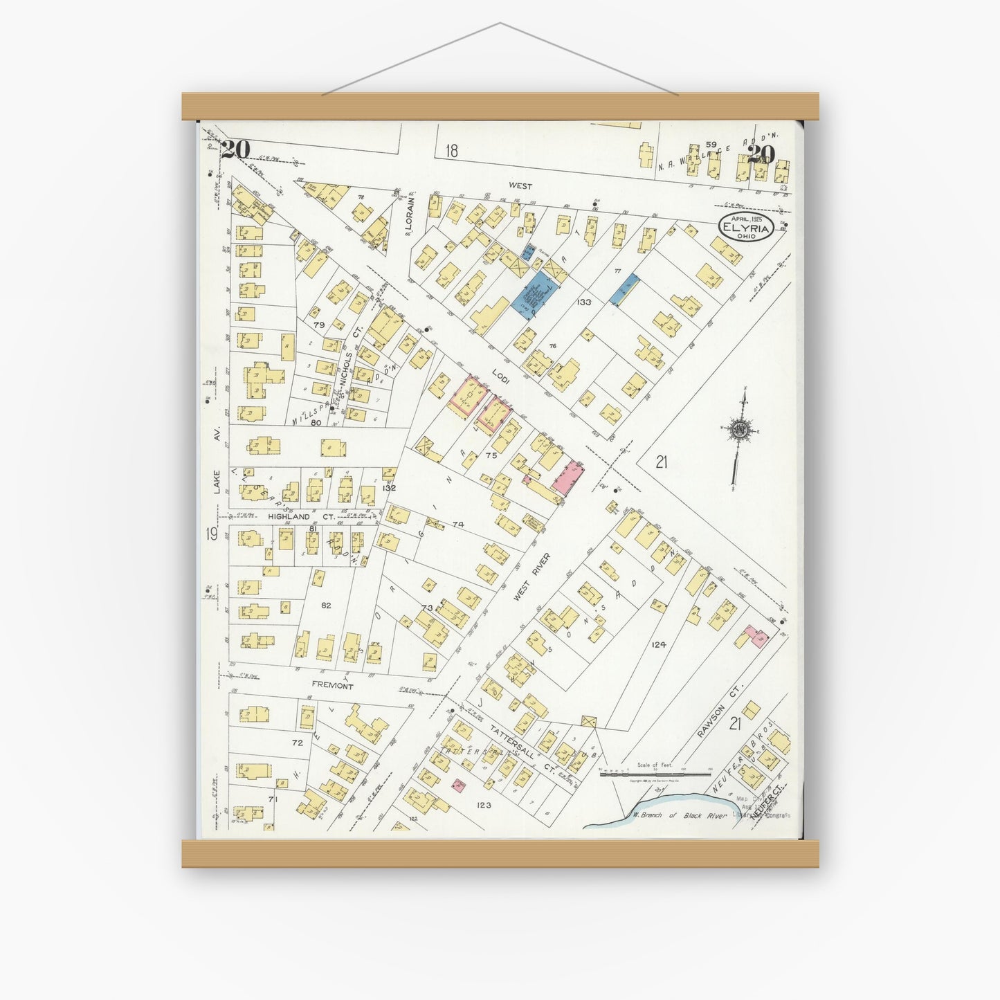 Old map wall art mockup — magnetic wood frame on white wall — Sanborn Fire Insurance Map from Elyria, Lorain County, Ohio (1925), Sheet #0020