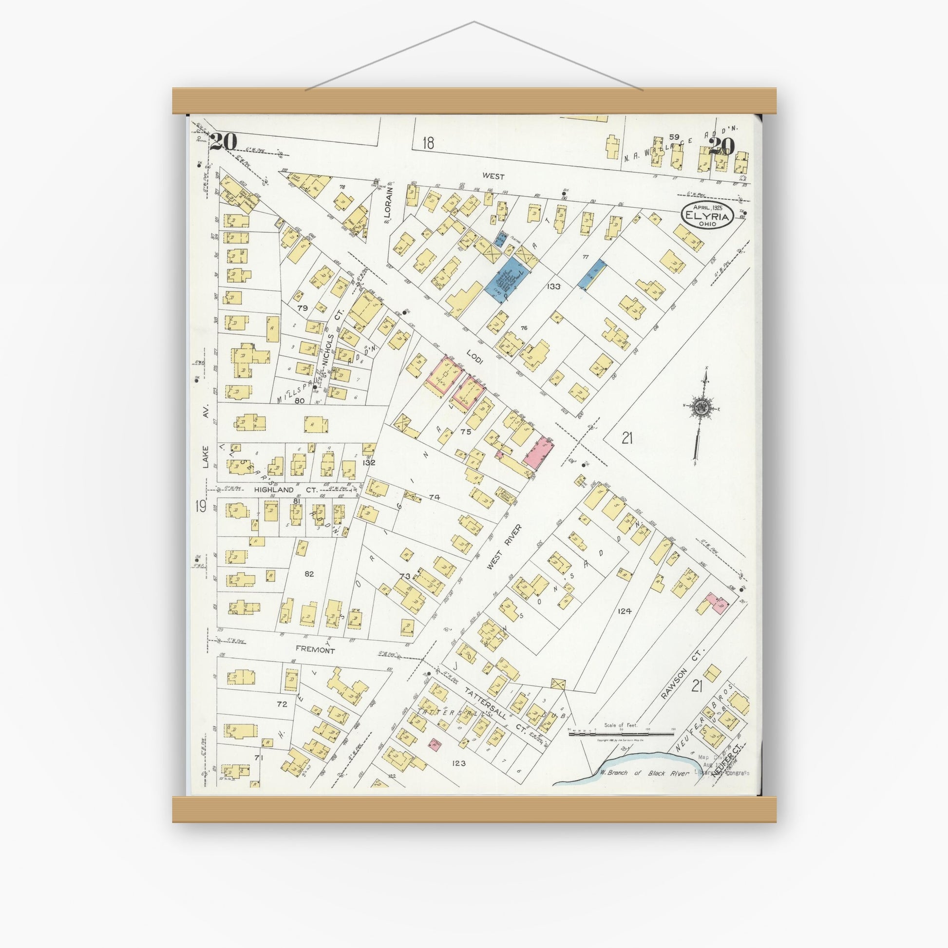 Old map wall art mockup — magnetic wood frame on white wall — Sanborn Fire Insurance Map from Elyria, Lorain County, Ohio (1925), Sheet #0020