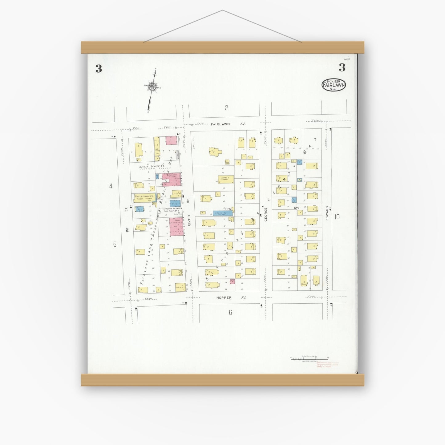 Old map wall art mockup — magnetic wood frame on white wall — Sanborn Fire Insurance Map from Fair Lawn, Bergen County, New Jersey (1929), Sheet #0003