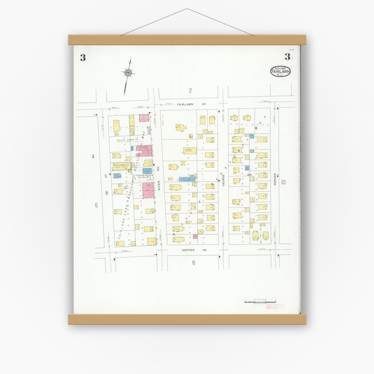 Old map wall art mockup — magnetic wood frame on white wall — Sanborn Fire Insurance Map from Fair Lawn, Bergen County, New Jersey (1929), Sheet #0003
