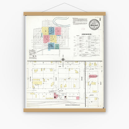 Old map wall art mockup — magnetic wood frame on white wall — Sanborn Fire Insurance Map from Marengo, Iowa County, Iowa (1911) â€” Complete Set