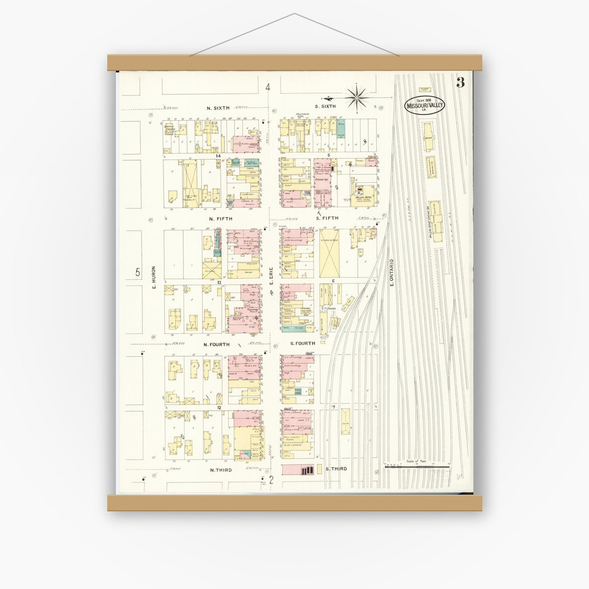 Old map wall art mockup — magnetic wood frame on white wall — Sanborn Fire Insurance Map from Missouri Valley, Harrison County, Iowa (1908), Sheet #0003