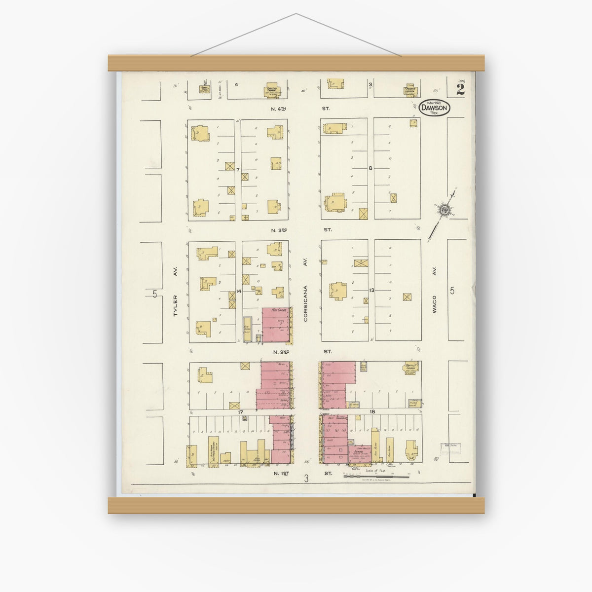 Old map wall art mockup — magnetic wood frame on white wall — Sanborn Fire Insurance Map from Dawson, Navarro County, Texas (1921), Sheet #0002