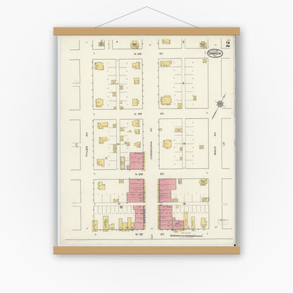 Old map wall art mockup — magnetic wood frame on white wall — Sanborn Fire Insurance Map from Dawson, Navarro County, Texas (1921), Sheet #0002