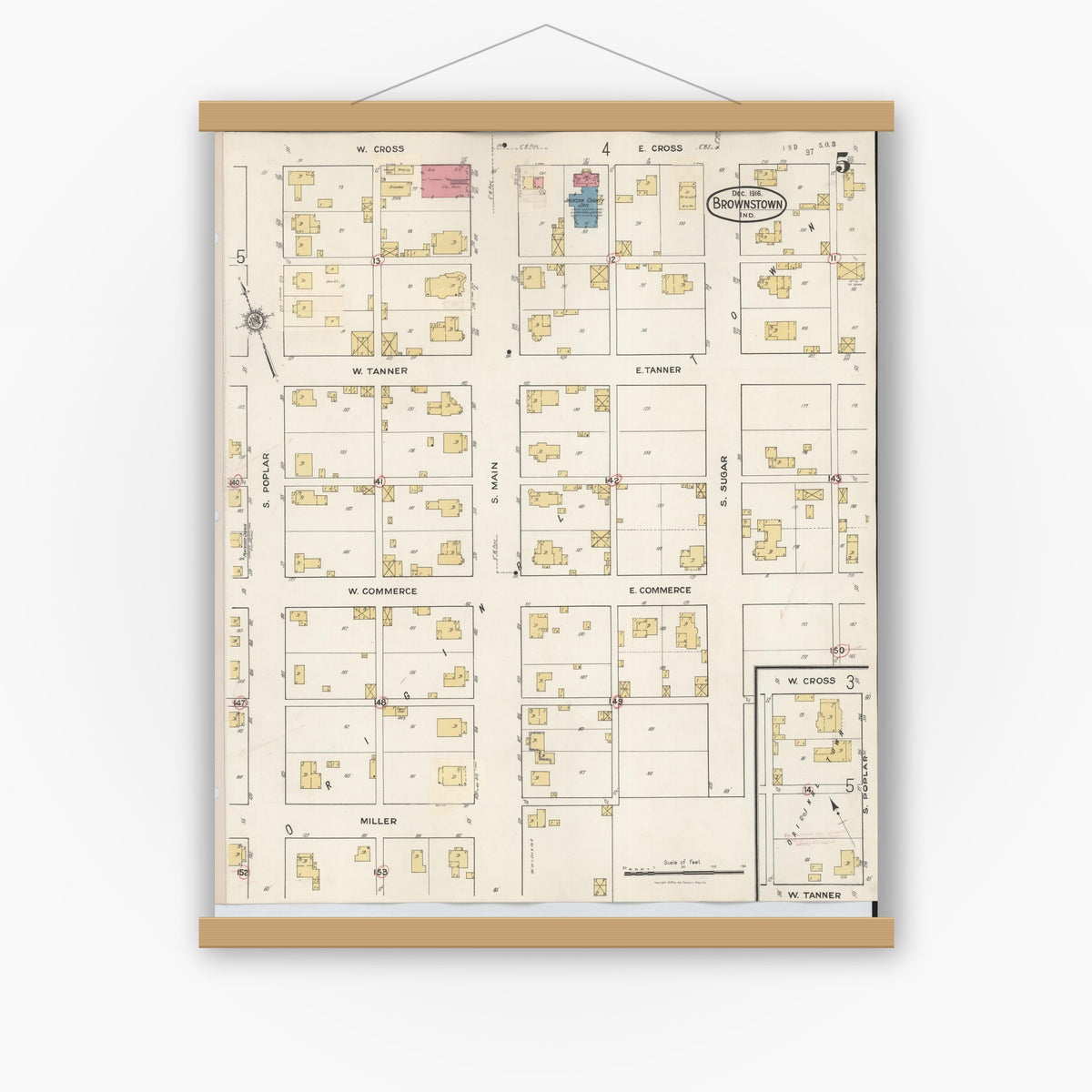 Old map wall art mockup — magnetic wood frame on white wall — Sanborn Fire Insurance Map from Brownstown, Jackson County, Indiana (1933), Sheet #0005