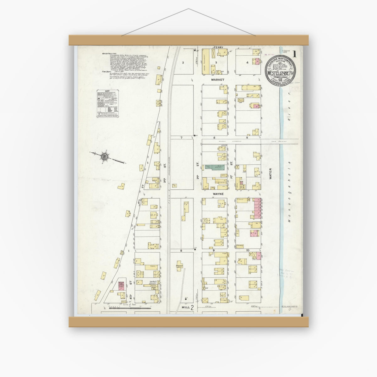 Old map wall art mockup — magnetic wood frame on white wall — Sanborn Fire Insurance Map from West Elizabeth, Allegheny County, Pennsylvania (1910) - Complete Map Set