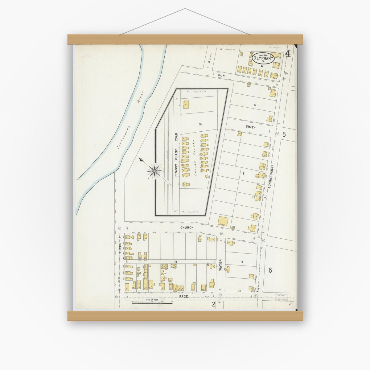 Old map wall art mockup — magnetic wood frame on white wall — Sanborn Fire Insurance Map from Olyphant, Lackawanna County, Pennsylvania (1898), Sheet #0004
