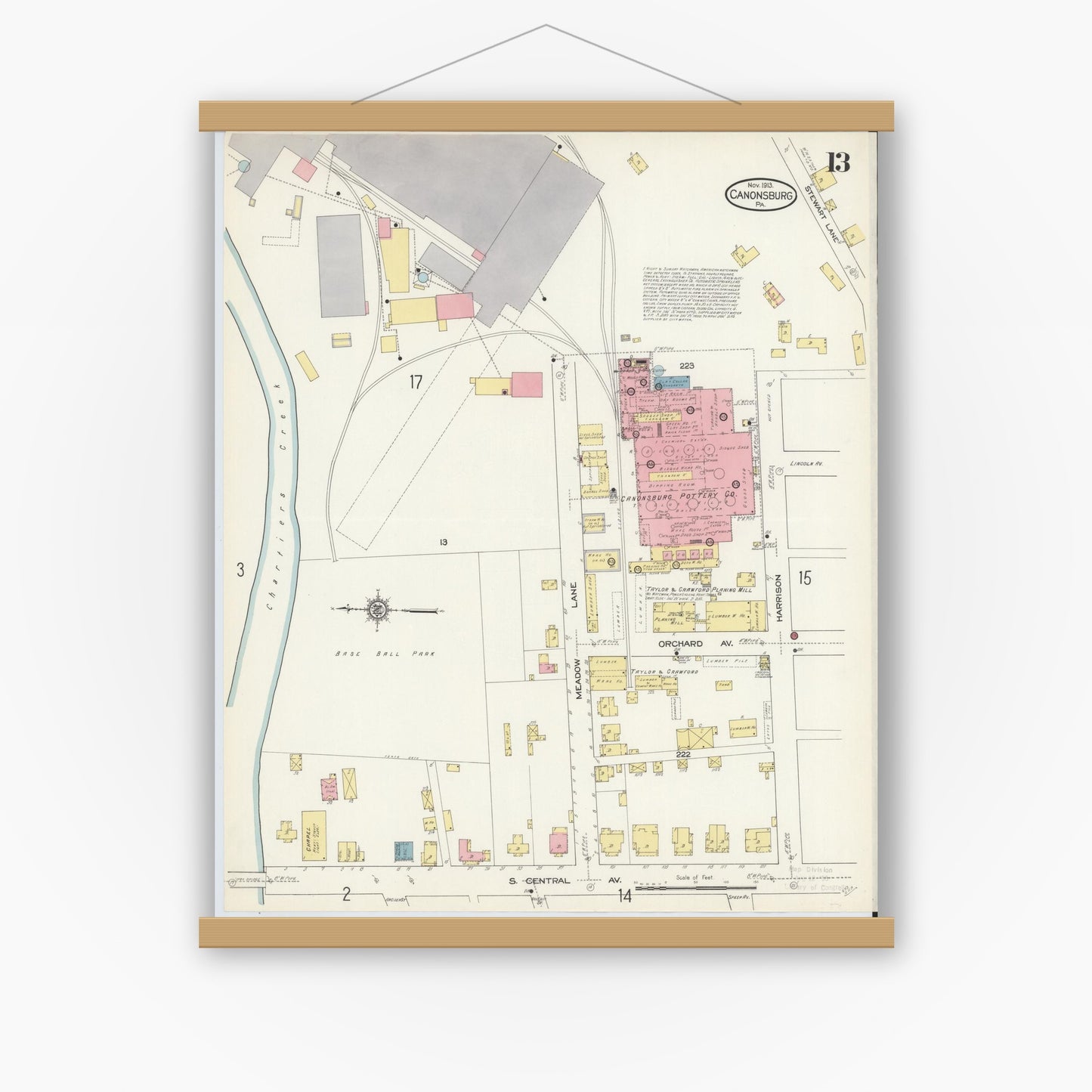 Old map wall art mockup — magnetic wood frame on white wall — Sanborn Fire Insurance Map from Canonsburg, Washington County, Pennsylvania (1913), Sheet #0013